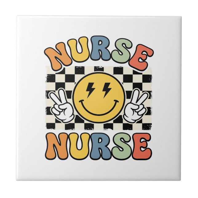 Vintage Nurse Smiley Chequerboard Shirt Design_1 Tile (Front)