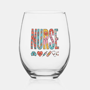 Vintage Nurse Typography Medical Icon Shirt Design Stemless Wine Glass