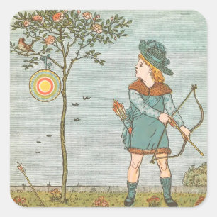 Vintage Nursery Rhyme Art Boy with Bow & Arrow Square Sticker