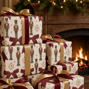 Vintage Nutcracker Burgundy Ribbon Monogram Wrapping Paper