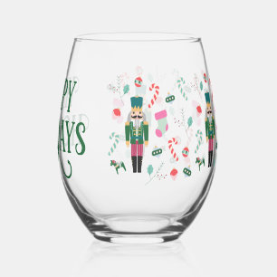 Vintage Nutcracker Christmas Happy Holidays Stemless Wine Glass