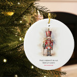 Vintage Nutcracker & Merry Christmas Ceramic Tree Decoration<br><div class="desc">A beautifully illustrated vintage-style Nutcracker soldier, resplendent in his classic attire, stands tall, holding a Merry Christmas banner. The rich, warm colours and intricate details evoke a sense of yuletide nostalgia, making it a perfect choice for those who appreciate the classic holiday aesthetics. May your holiday season be filled with...</div>