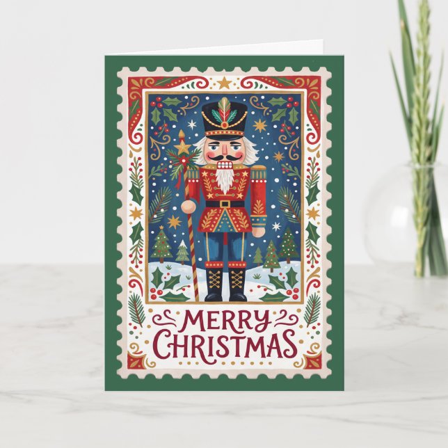 Vintage Nutcracker Stamp Christmas Holiday Card (Front)
