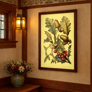 Vintage Oak Holly & Mistletoe Botanical Art Poster