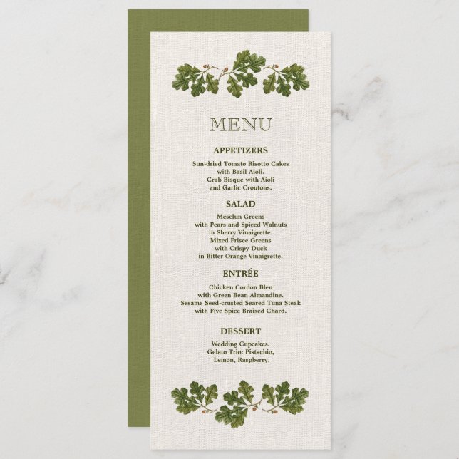 Vintage Oak Leaves Burlap Wedding Menu Card (Front/Back)