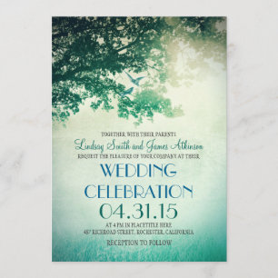 Vintage oak tree & love birds wedding invites