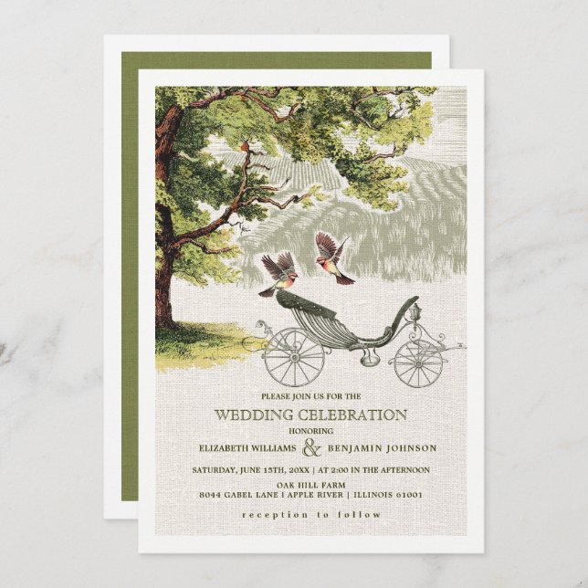 Vintage Oak Tree | Wedding Carriage Burlap Wedding Invitation (Front/Back)