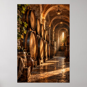 Vintage Oak Wine Barrels in Stone Cellar – Rustic Poster