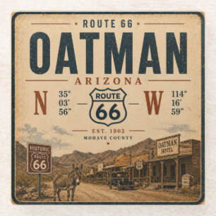 Vintage Oatman Arizona Route 66 Art Coordinates Glass Coaster
