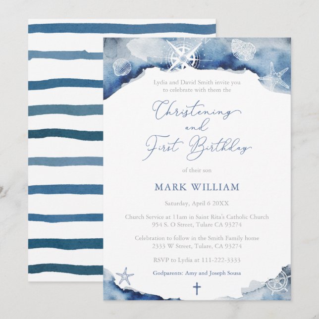 Vintage Ocean Boy Christening 1st Birthday Party Invitation (Front/Back)