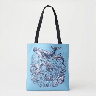 Vintage Ocean Life Light Blue Nautical Tote Bag