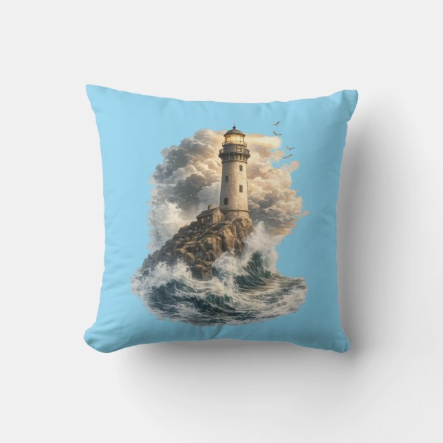 Vintage Ocean Lighthouse Blue Throw Pillow (Front)