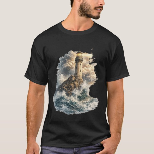 Vintage Ocean Lighthouse Graphic T-Shirt (Front)