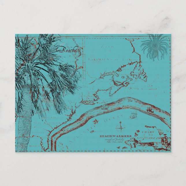 Vintage Ocean Map Collage Turquoise Postcard (Front)