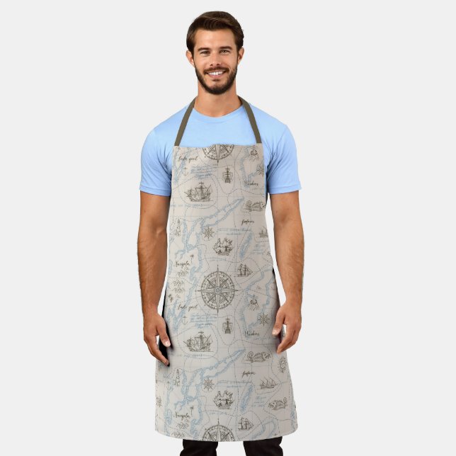 Vintage Ocean Map Pattern Apron (Worn)