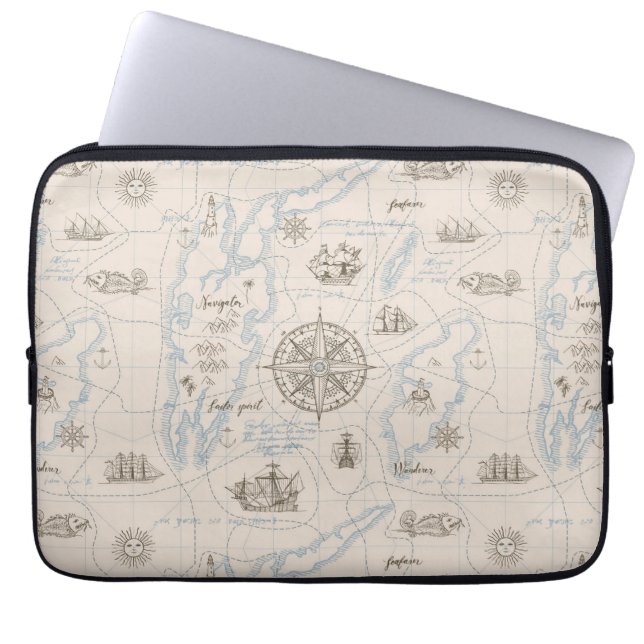 Vintage Ocean Map Pattern Laptop Sleeve (Front)
