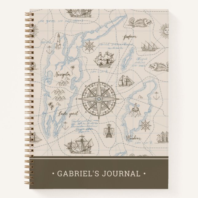 Vintage Ocean Map Pattern | Personalised Journal (Front)
