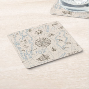Vintage Ocean Map Pattern Square Paper Coaster