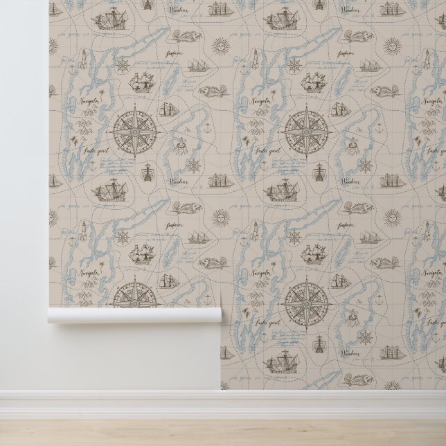 Vintage Ocean Map Pattern Wallpaper (Application)