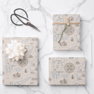 Vintage Ocean Map Pattern Wrapping Paper Sheet