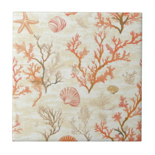 Vintage Ocean Shell Coral Starfish Beige Ivory Tile