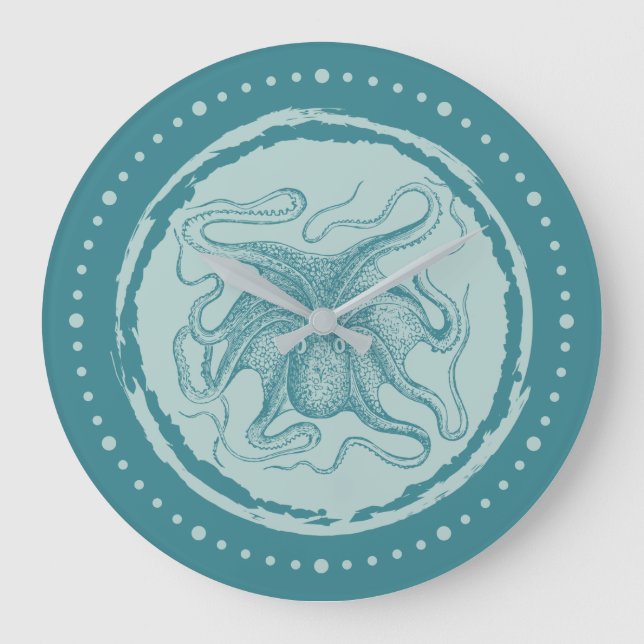 Vintage Octopus Aqua Teal Nautical Large Clock (Front)