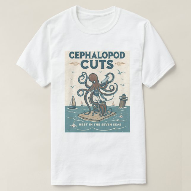 Vintage Octopus Barber Shirt – ‘Cephalopod Cuts’  (Design Front)