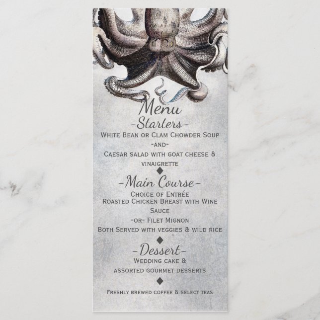 Vintage Octopus Beach Wedding Elegant Menu Card (Front)