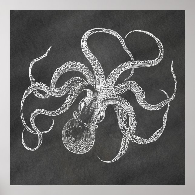 Vintage Octopus Chalkboard Background Template Poster (Front)