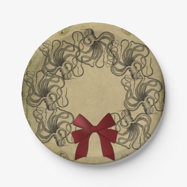 Vintage Octopus Christmas Paper Plate (Front)