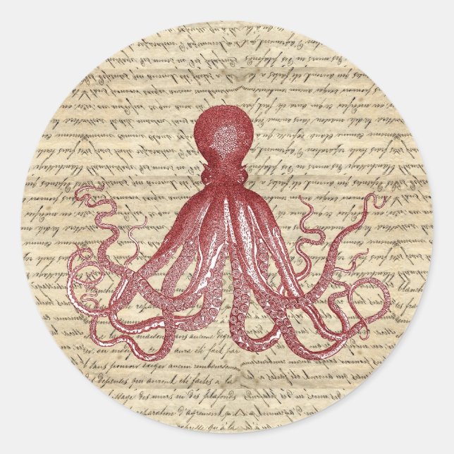 Vintage octopus classic round sticker (Front)