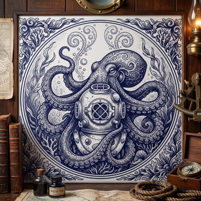 Vintage Octopus Diver Helmet Engraving Art Tile (Creator Uploaded)