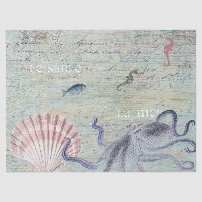 Vintage Octopus French Script Ocean Collage Tissue Paper (Front)