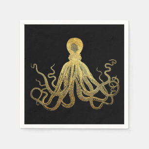 Vintage Octopus Gold Black Ink Coastal Nautical Napkin