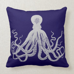 Vintage octopus on blue pillow