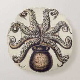 Vintage Octopus Squid by Ernst Haeckel Round Cushion