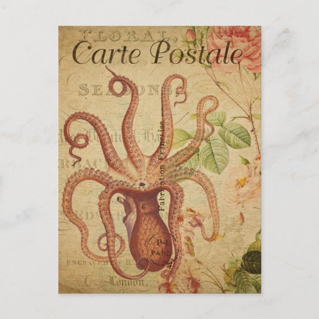 Vintage Octopus Squid Pink Roses French  Postcard (Front)