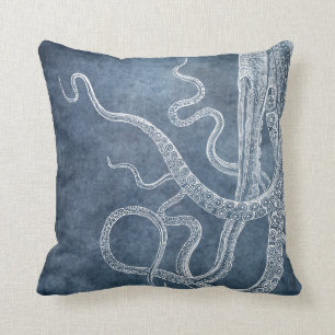 Vintage Octopus Twilight Blue Denim Watercolor Cushion