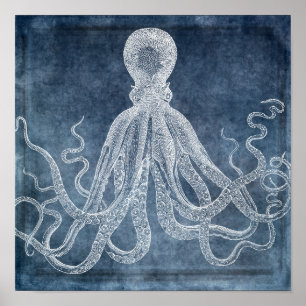 Vintage Octopus Twilight Blue Denim Watercolor Poster