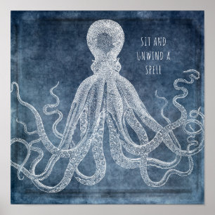Vintage Octopus Twilight Blue Watercolor Quote Poster