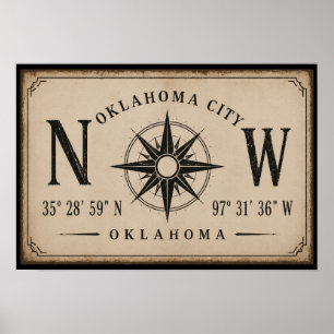 Vintage Oklahoma City Coordinates Compass Rose Poster