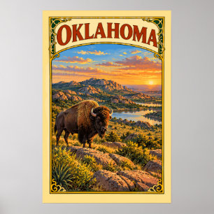 Vintage Oklahoma Wichita Mountains Bison Travel Poster