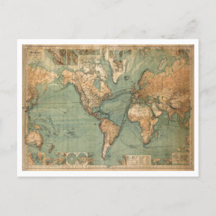 Vintage Old Antique World Map Holiday Postcard