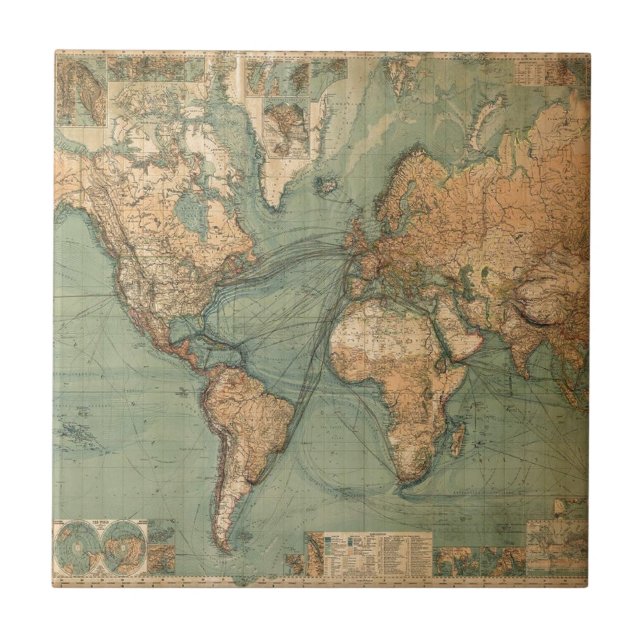 Vintage Old Antique World Map Tile (Front)