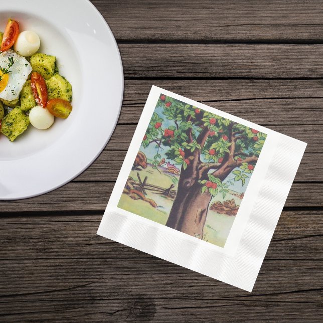 Vintage Old Apple Tree Meadow Field Napkin (Apple tree in field by fence on farm on napkins.)