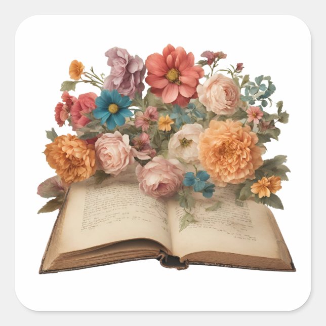 Vintage Old Book and Garden Flowers  Square Sticker (Front)