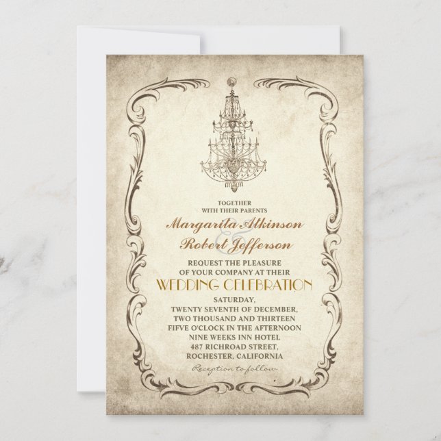 vintage old chandelier chic wedding invitations (Front)