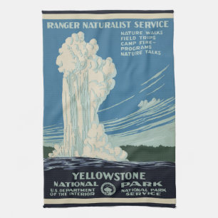 Vintage Old Faithful in Yellowstone National Park Tea Towel