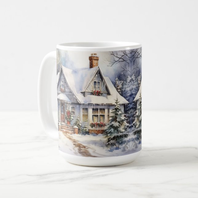 Vintage Old Fashioned House Christmas Scene Mug (Front Left)