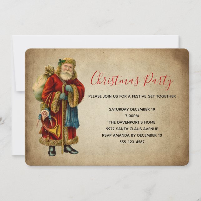 Vintage Old-Fashioned Santa Claus Christmas Party Invitation (Front)